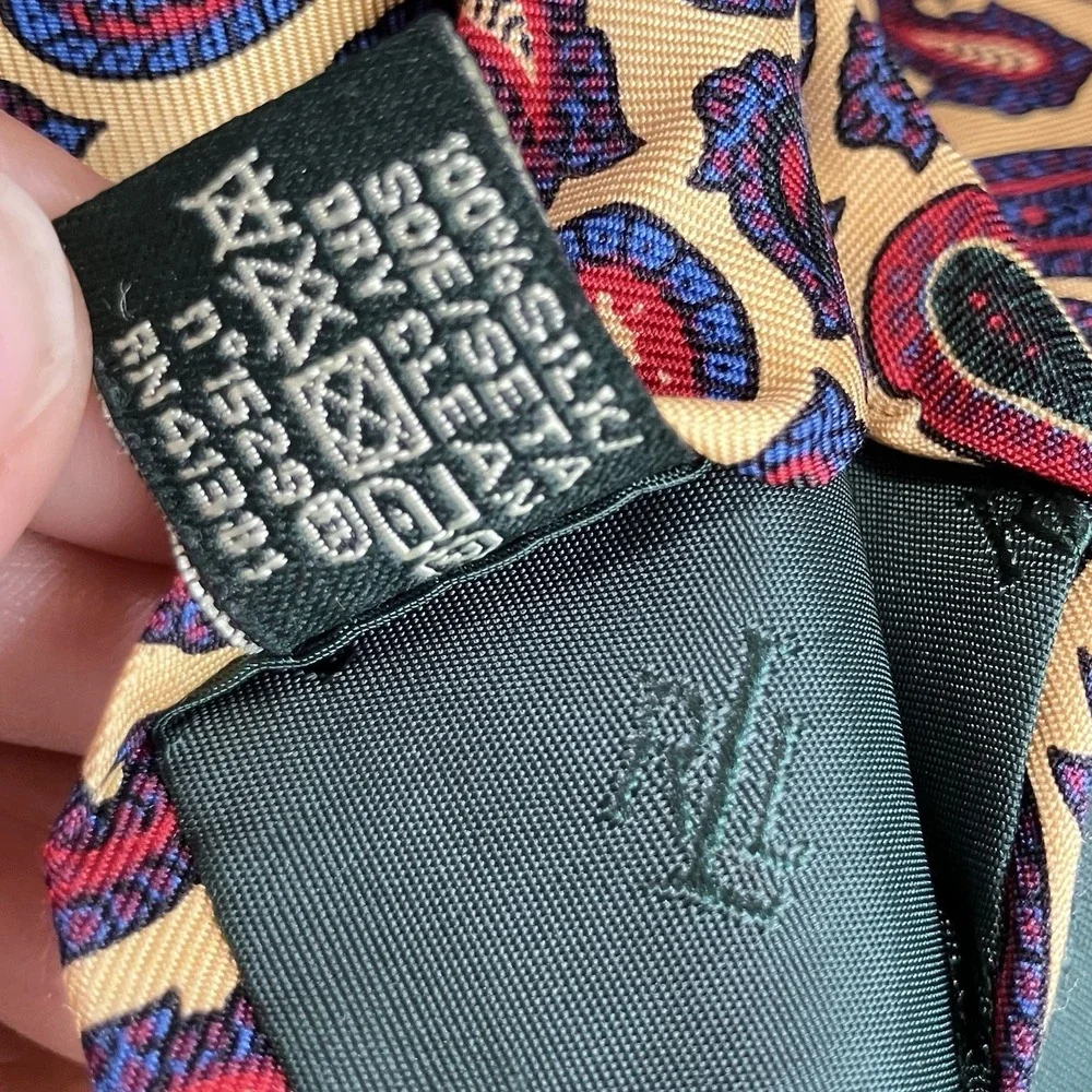 Lauren Ralph Lauren Handmade Silk Necktie Gold Blue Red Paisley Classic Vintage